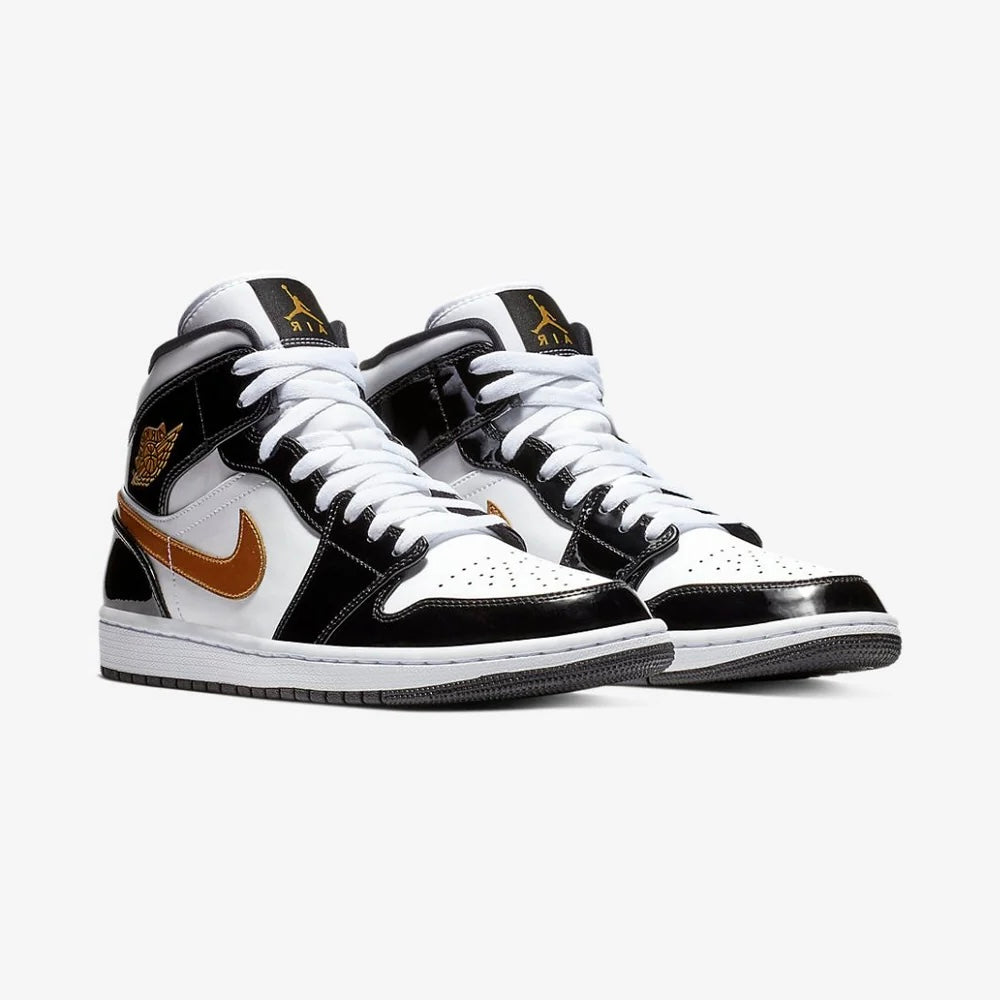 Jordan 1 Mid nero lucido bianco oro