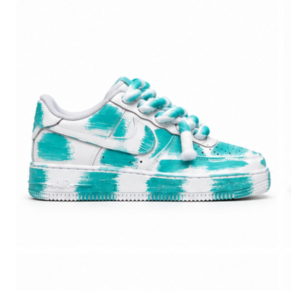 Nike Air Force 1 Custom White Rope Laces Effetto Sporco Spuorc Verde Acqua Teal Paint