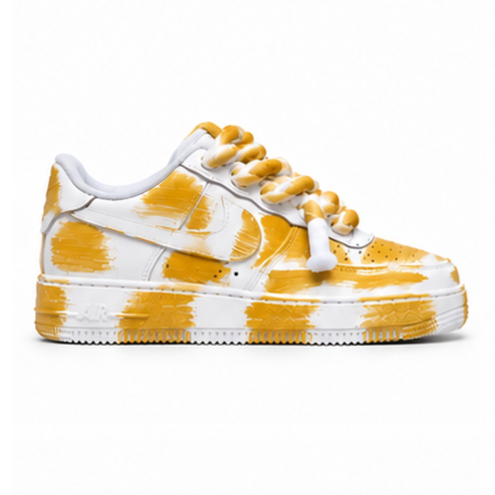 Nike Air Force 1 Custom White Rope Laces Effetto Sporco Spuorc Giallo Ocra Yellow Paint