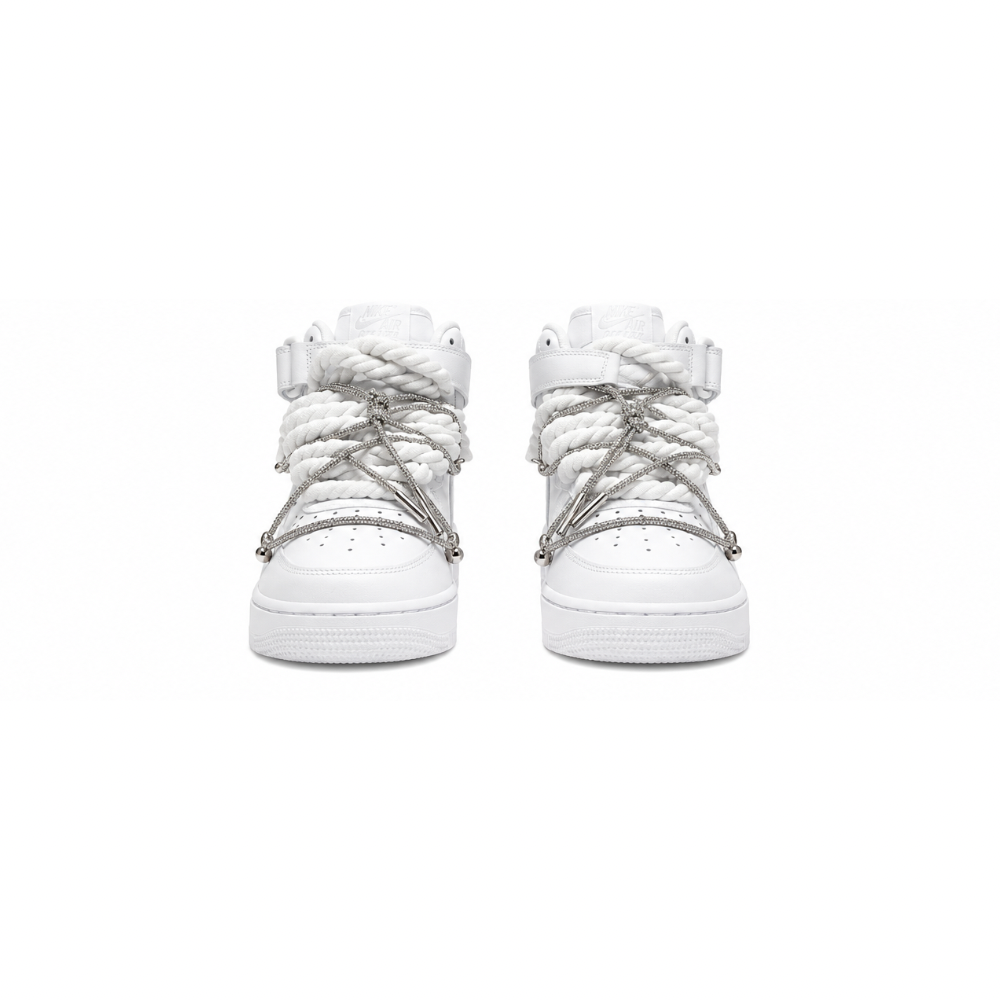Nike Air Force 1 Mid Custom White Rope Laces Off Swarovski Glitter Strass Argento Silver Crystal