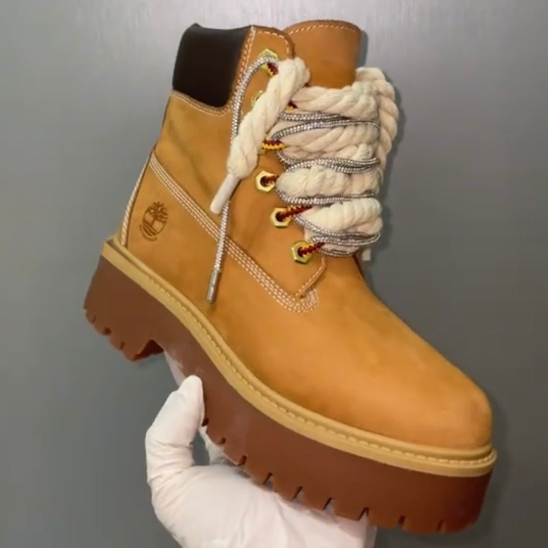 Timberland® Stivale Platform Premium Stone Street Giallo Custom Corda Rope Laces Off Swarovski Glitter Argento Silver