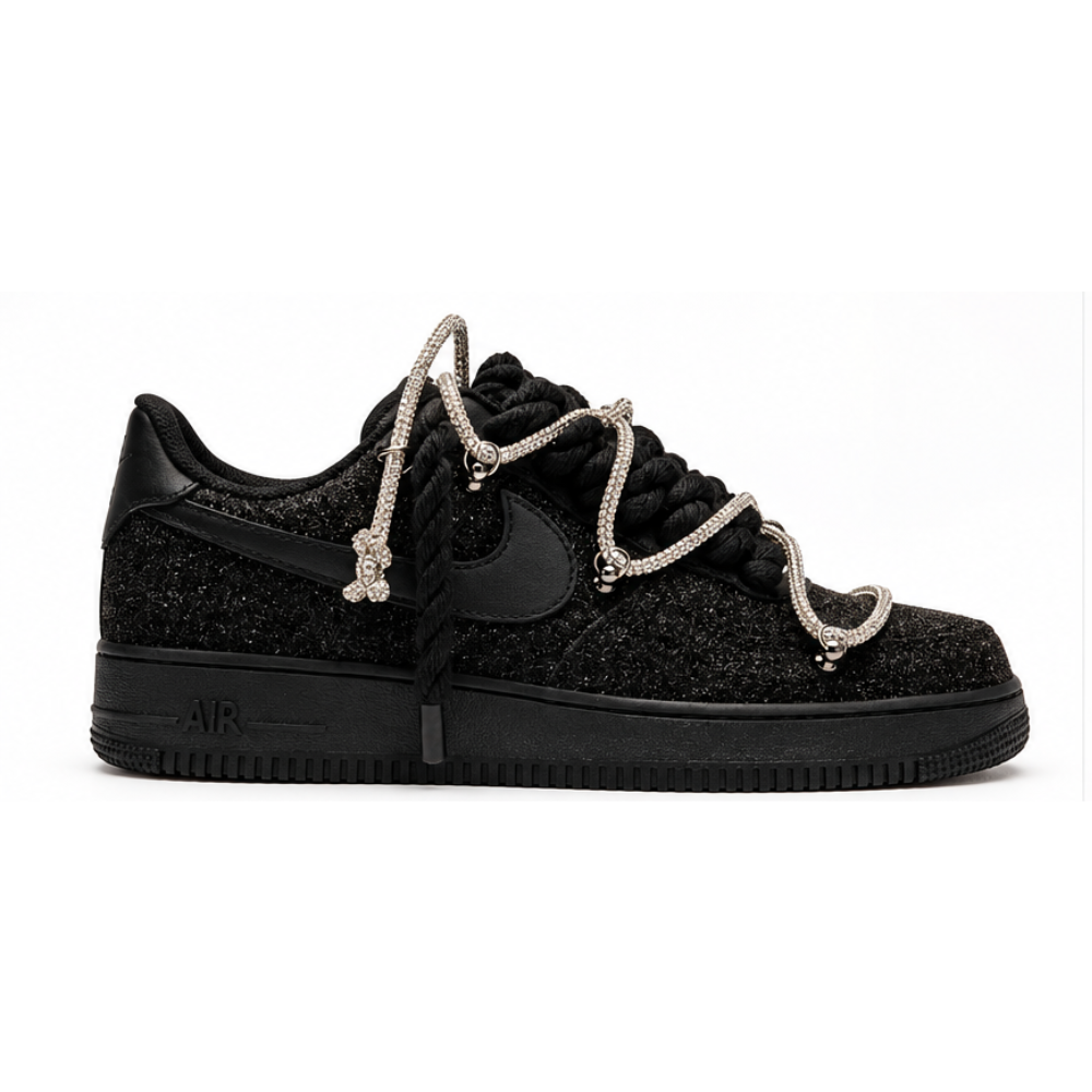 Nike Air Force 1 Custom Μαύρο “Glitter” κορδόνια σχοινί Off Swarovski Glitter Strass Argento Silver