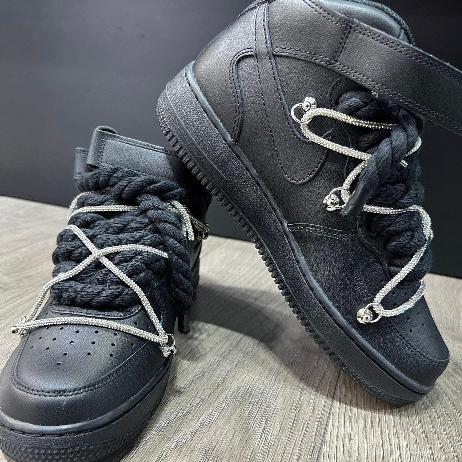 Nike Air Force 1 Mid Custom Black Rope Laces Off Glitter Swarovski Rhinestone Silver Silver