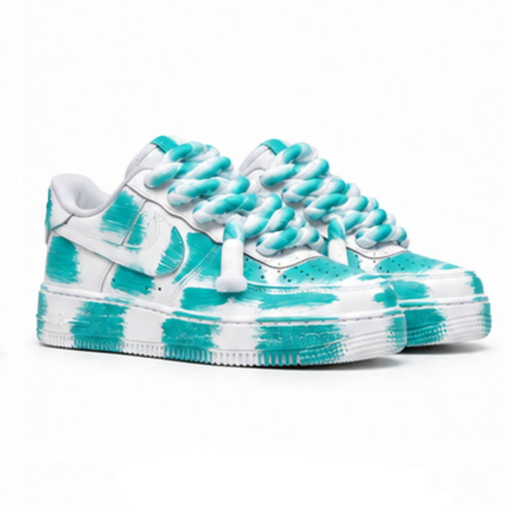 Nike Air Force 1 Custom White Rope Laces Effetto Sporco Spuorc Verde Acqua Teal Paint