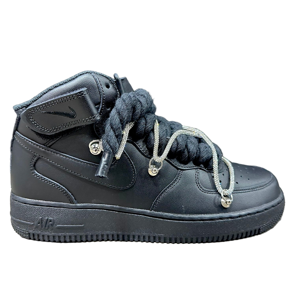 Nike Air Force 1 Mid Custom Black Rope Laces Off Glitter Swarovski Rhi