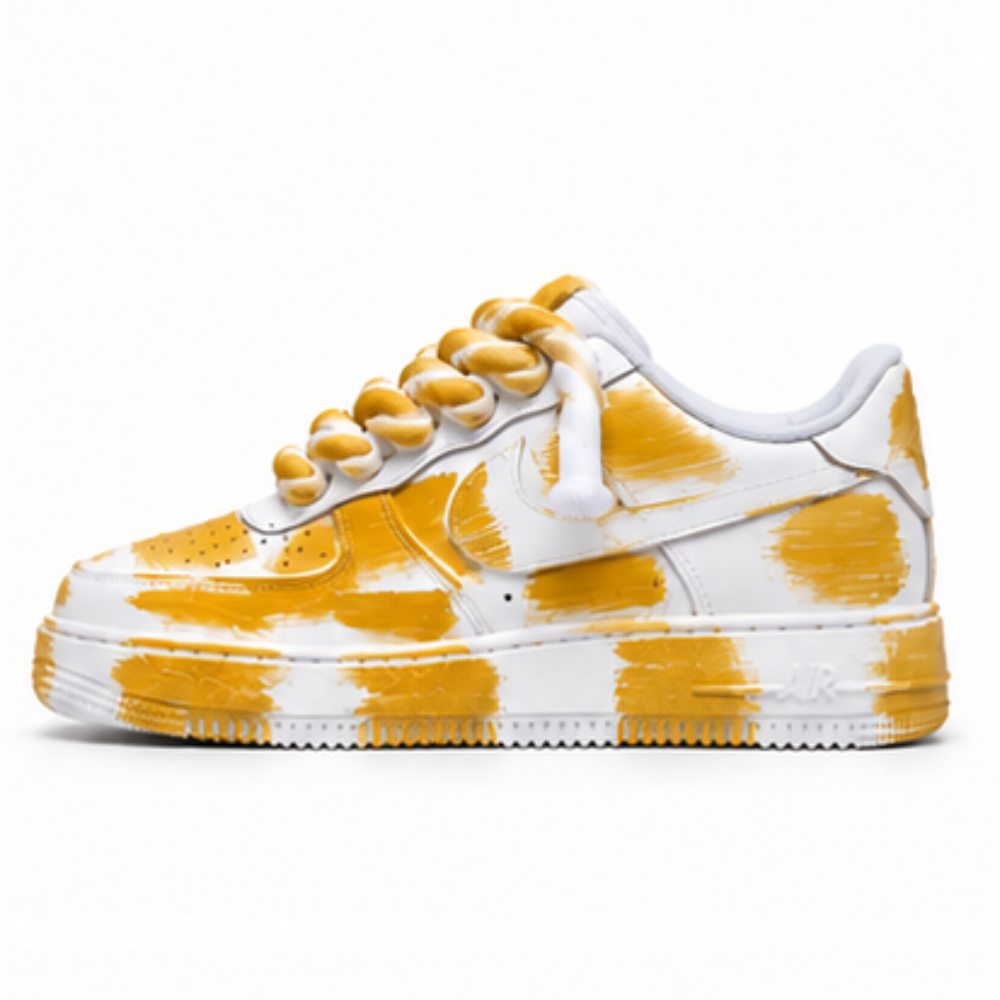 Nike Air Force 1 Custom White Rope Laces Effetto Sporco Spuorc Giallo Ocra Yellow Paint