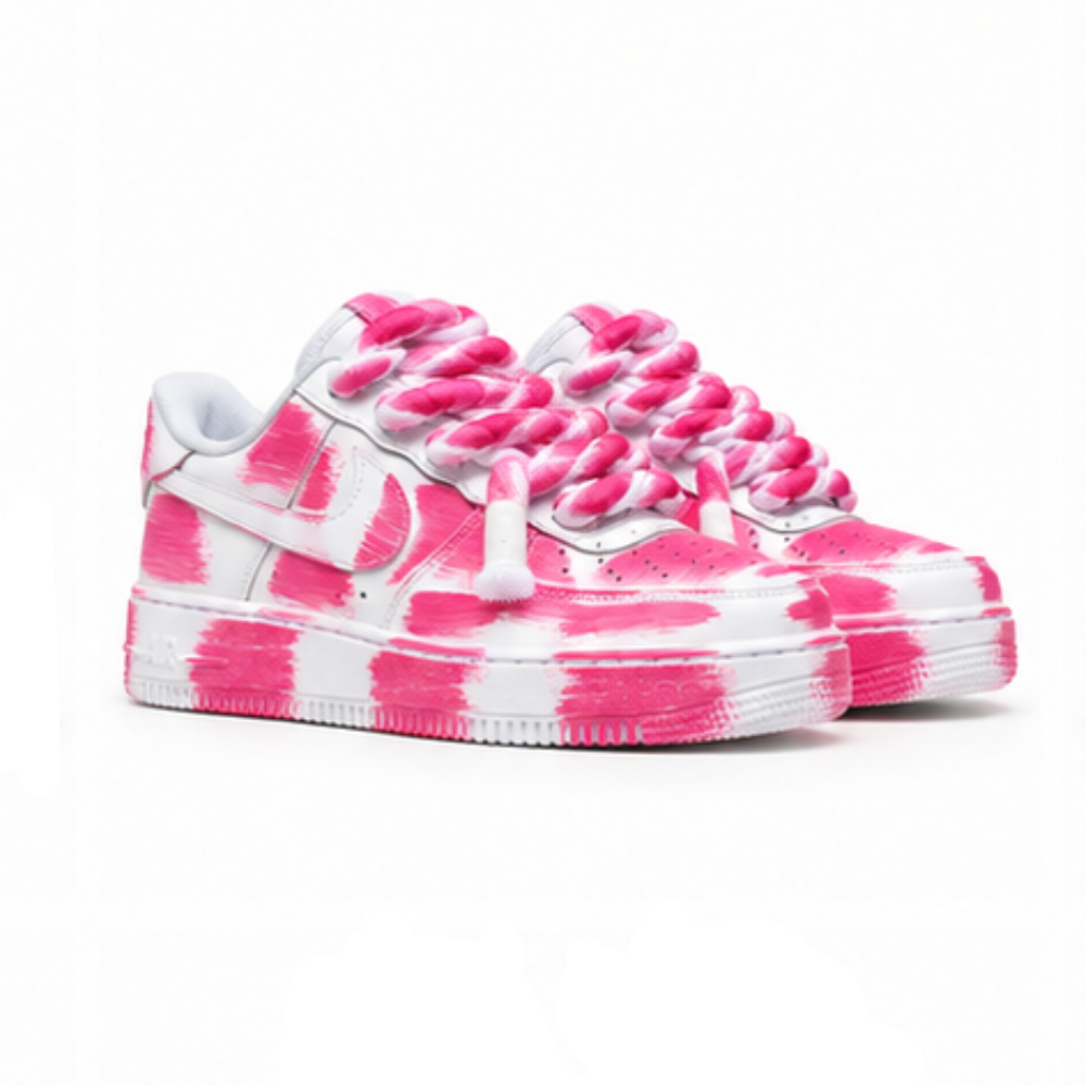 Nike Air Force 1 Custom White Rope Laces Effetto Sporco Spuorc Rosa Rose Paint