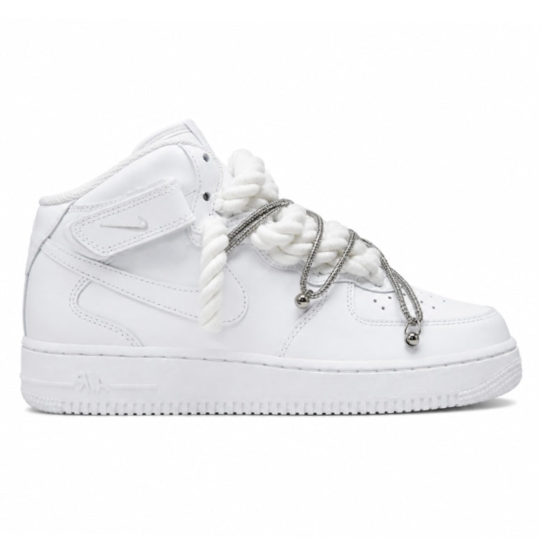 Nike Air Force 1 Mid Alte Custom White Rope Laces High Off Swarovski Glitter Strass Argento Silver Crystal