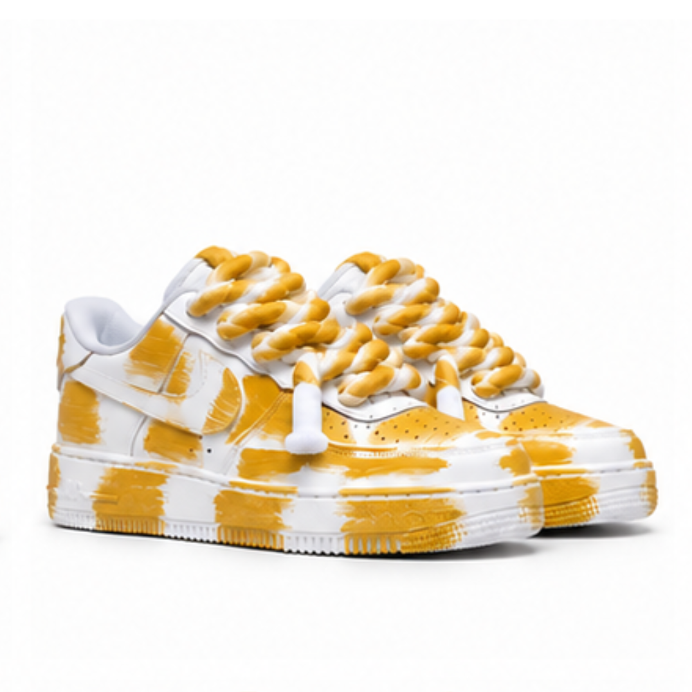 Nike Air Force 1 Custom White Rope Laces Effetto Sporco Spuorc Giallo Ocra Yellow Paint