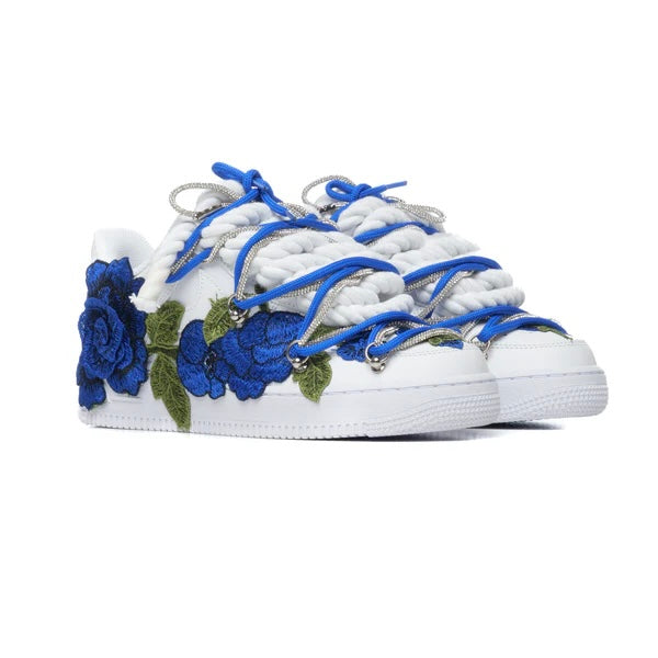 Nike Air Force 1 White Rope Laces Custom White Blue Roses Rose Blu