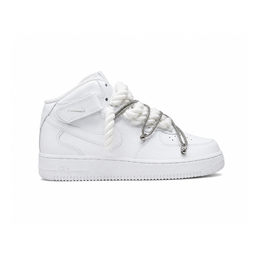 Nike Air Force 1 Mid Custom White Rope Laces Off Swarovski Glitter Strass Argento Silver Crystal