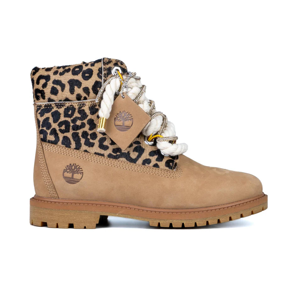Timberland® Stivale Impermeabile Premium Beige Leopardo Custom Corda Rope Laces Gold Swarovski