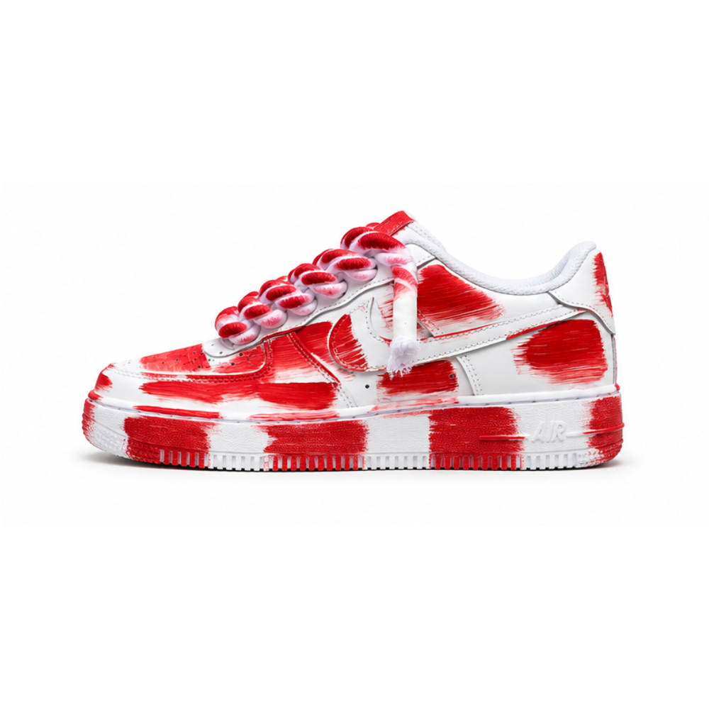 Nike Air Force 1 Custom White Rope Laces Effetto Sporco Spuorc Red Paint