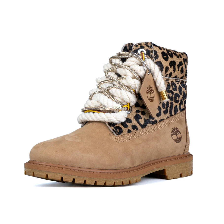 Timberland® Stivale Impermeabile Premium Beige Leopardo Custom Corda Rope Laces Gold Swarovski
