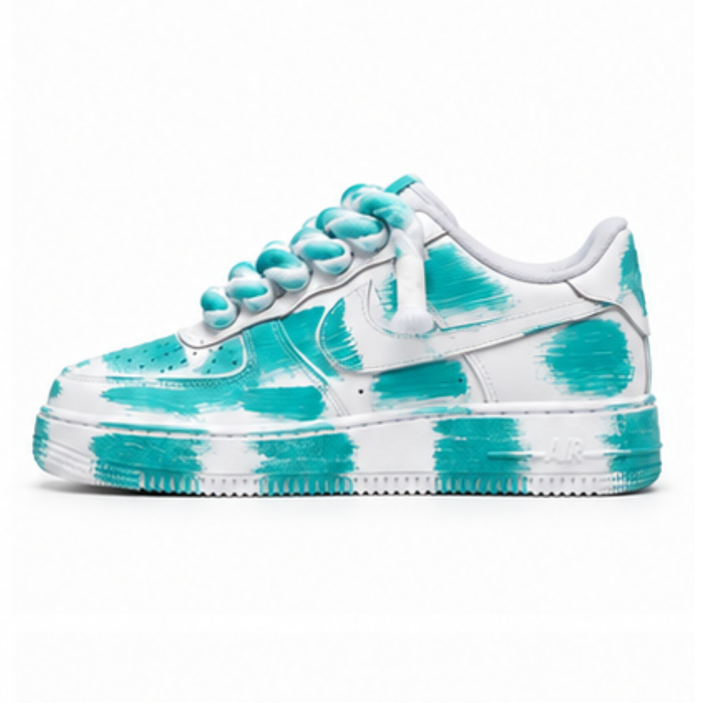 Nike Air Force 1 Custom White Rope Laces Effetto Sporco Spuorc Verde Acqua Teal Paint