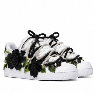Nike Air Force 1 White Rope Laces Custom White Black Roses Rose Nere