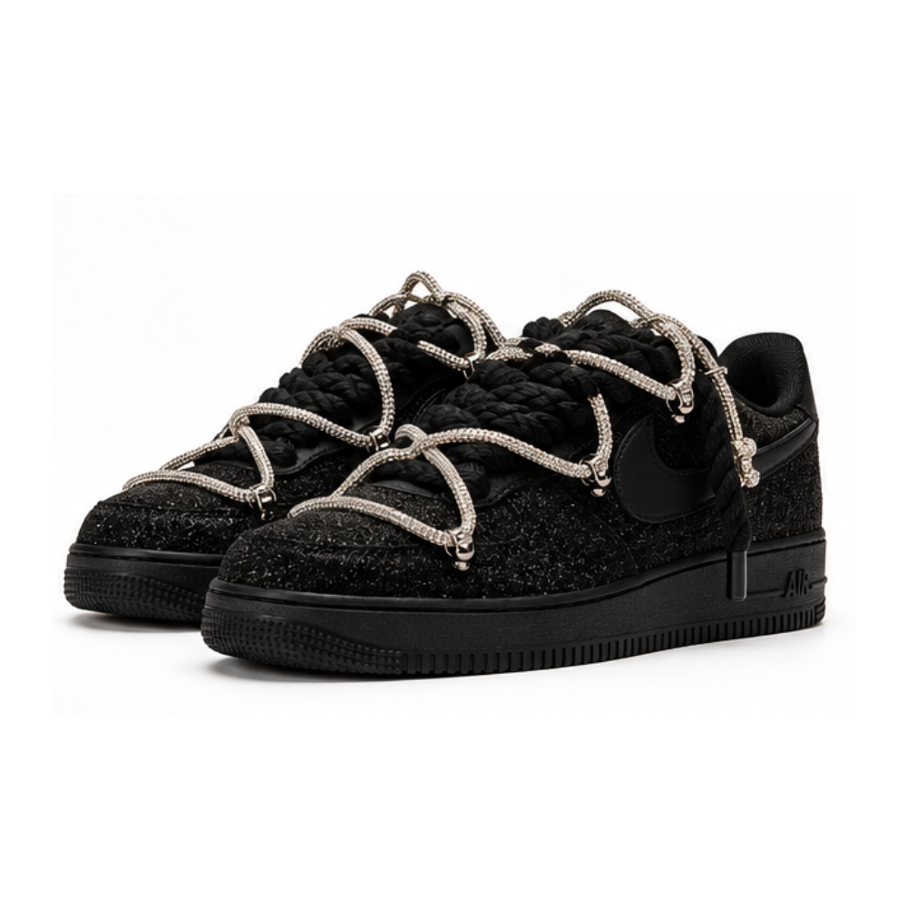 Nike Air Force 1 Custom Μαύρο “Glitter” κορδόνια σχοινί Off Swarovski Glitter Strass Argento Silver