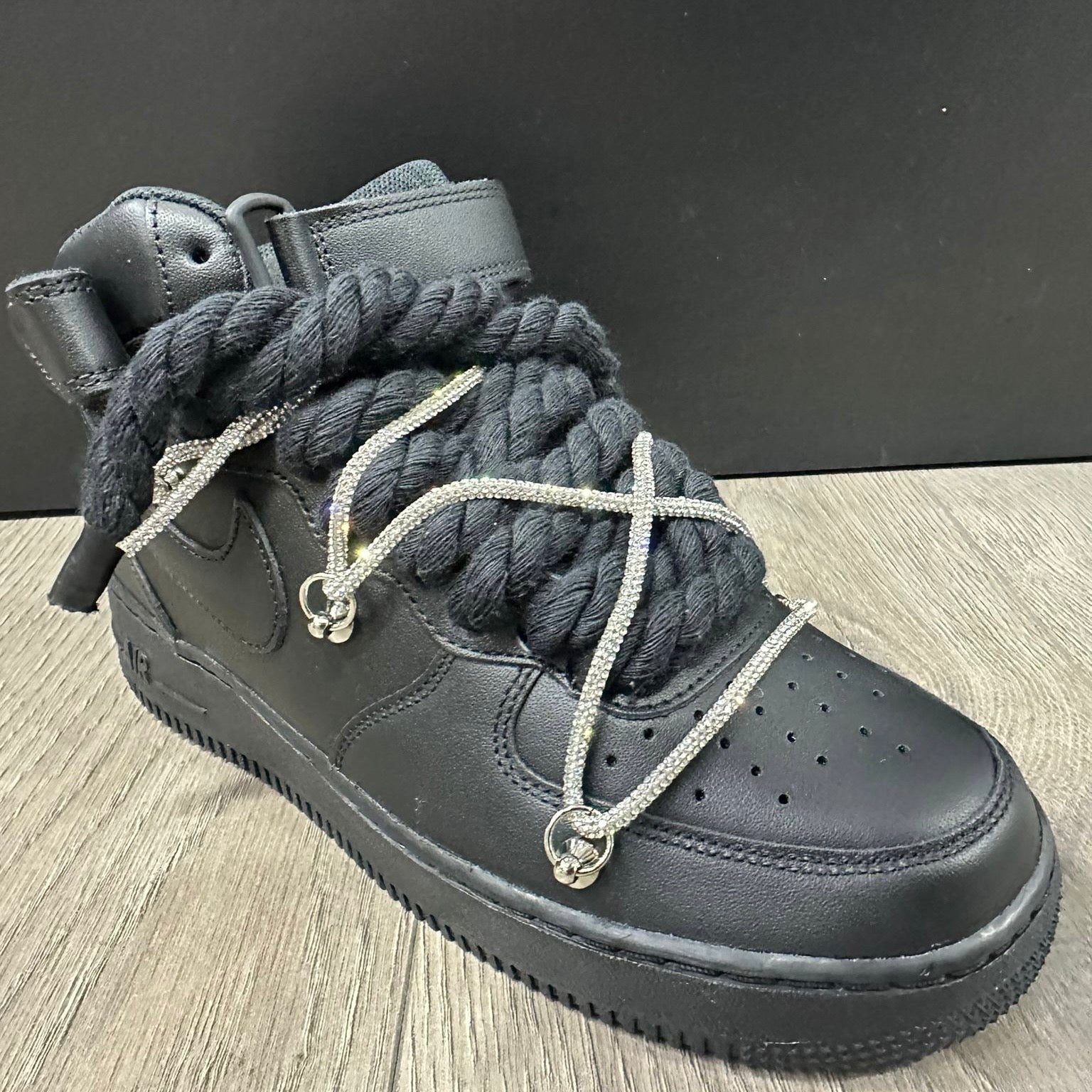 Nike Air Force 1 Mid Custom Black Rope Laces Off Glitter Swarovski Strass Argento Silver