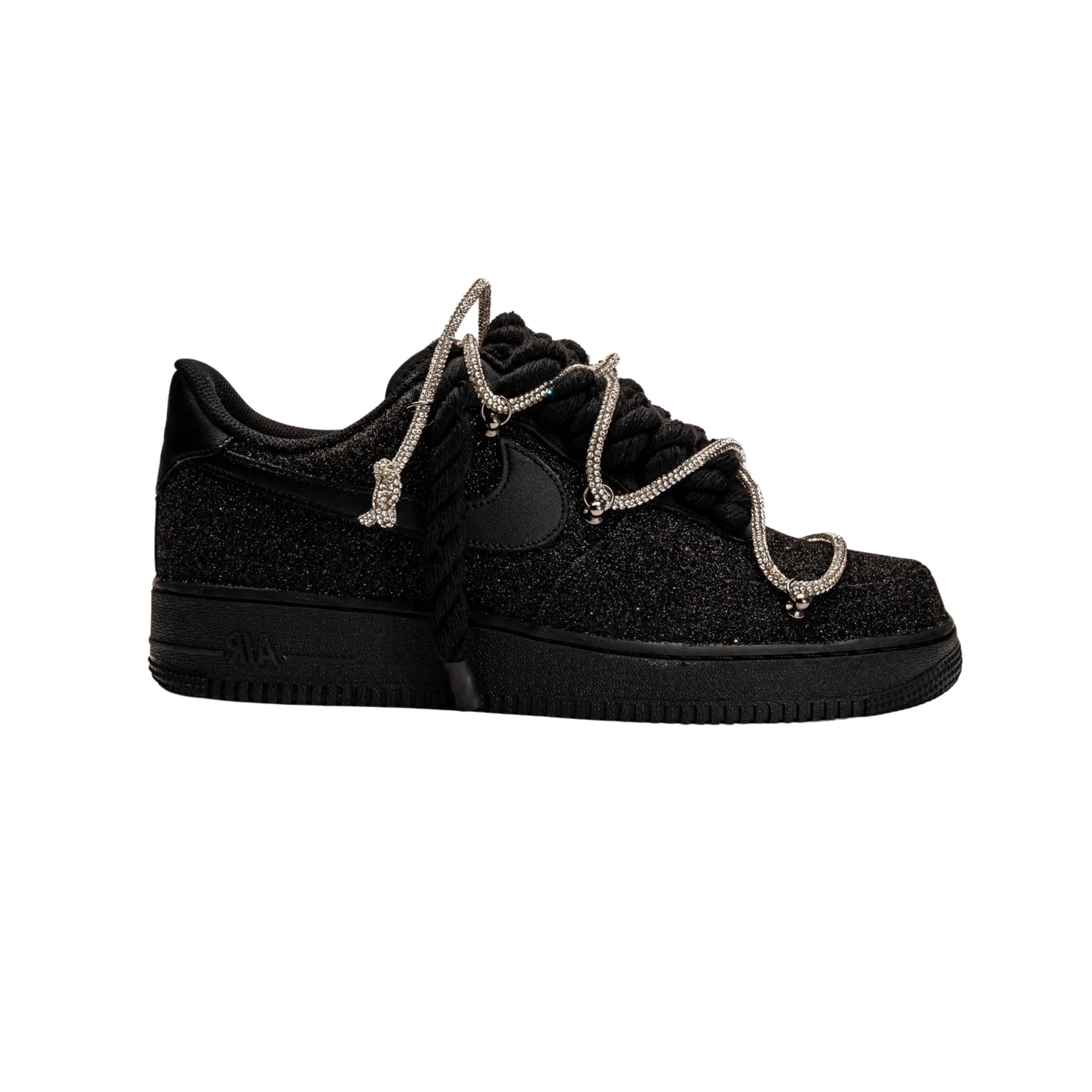 Nike Air Force 1 Custom Black “Glitter” Rope Laces Off Swarovski Glitter Rhinestone Silver Silver