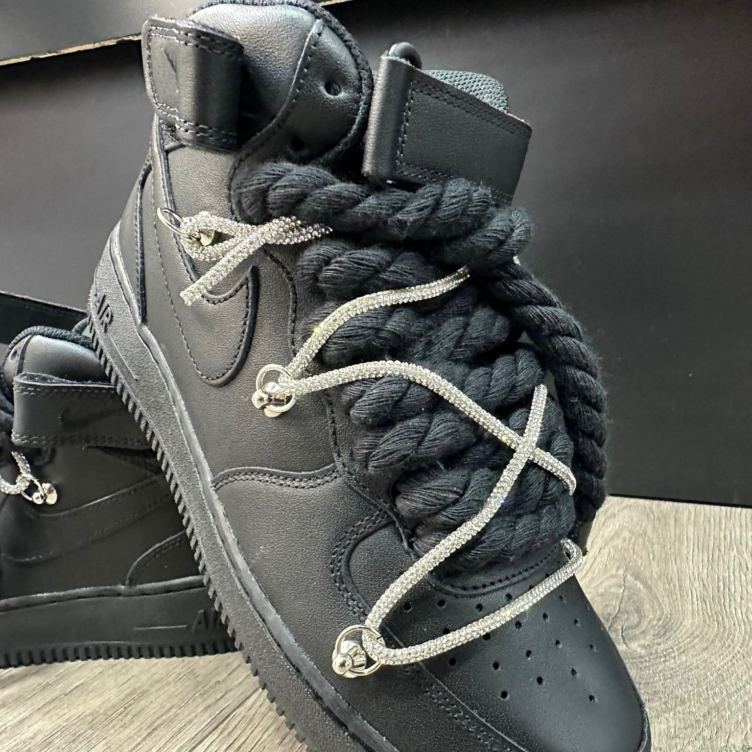 Nike Air Force 1 Mid Custom Black Rope Laces Off Glitter Swarovski Strass Argento Silver