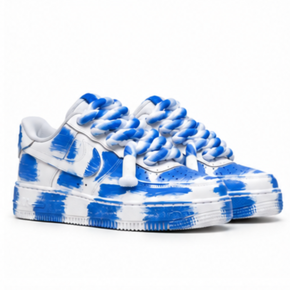 Nike Air Force 1 Custom White Rope Laces Effetto Sporco Spuorc Blue Paint