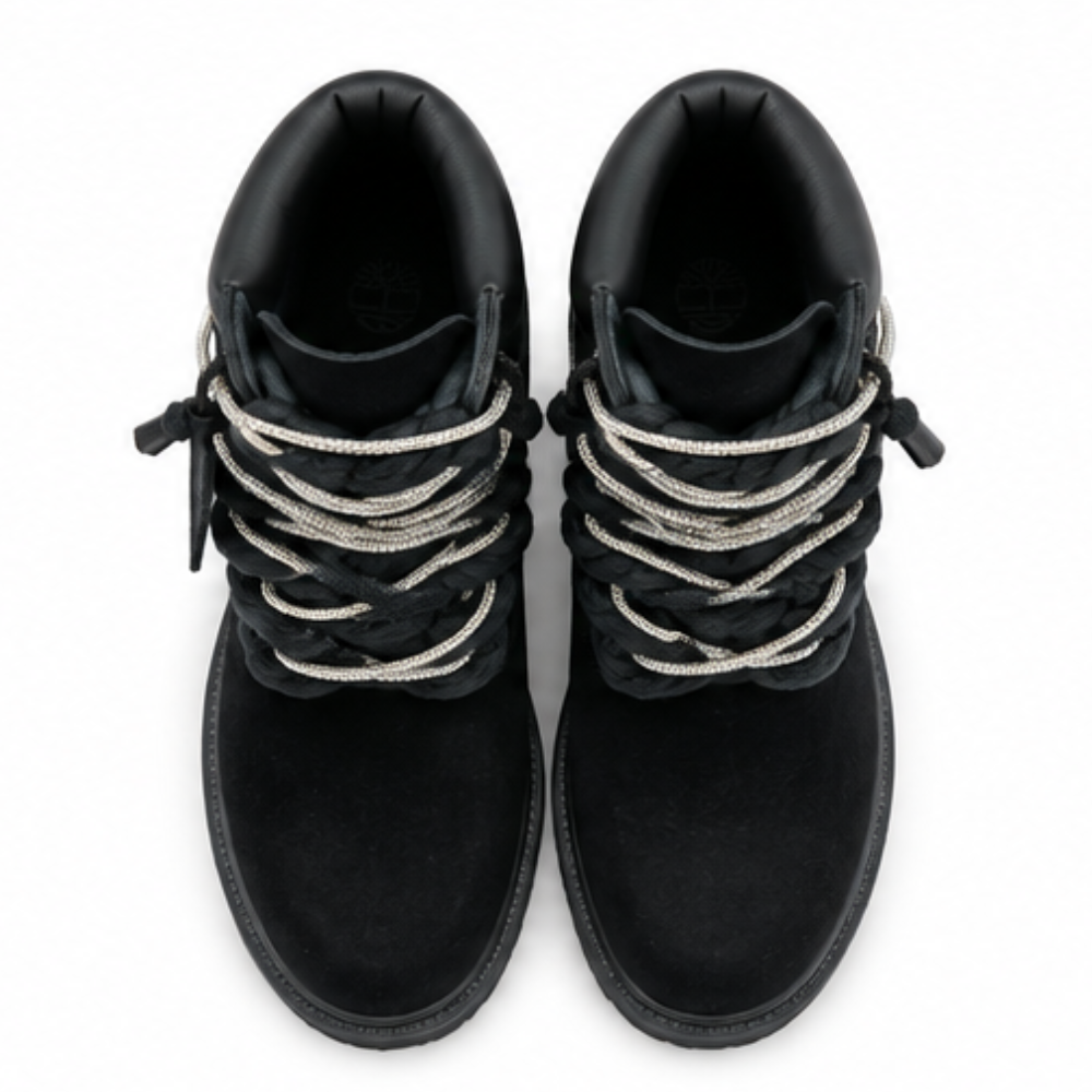 Timberland® Premium Wasserdichter Stiefel Schwarz mit maßgefertigten schwarzen Kordel-Schnürsenkeln und Swarovski Silber