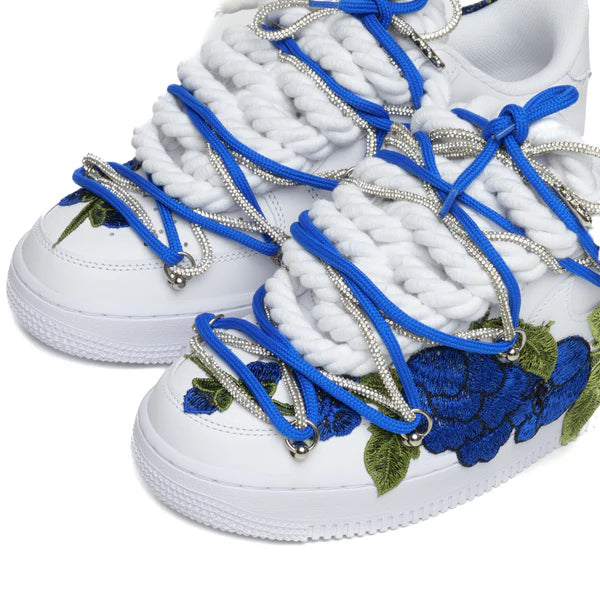 Nike Air Force 1 White Rope Laces Custom White Blue Roses Rose Blu