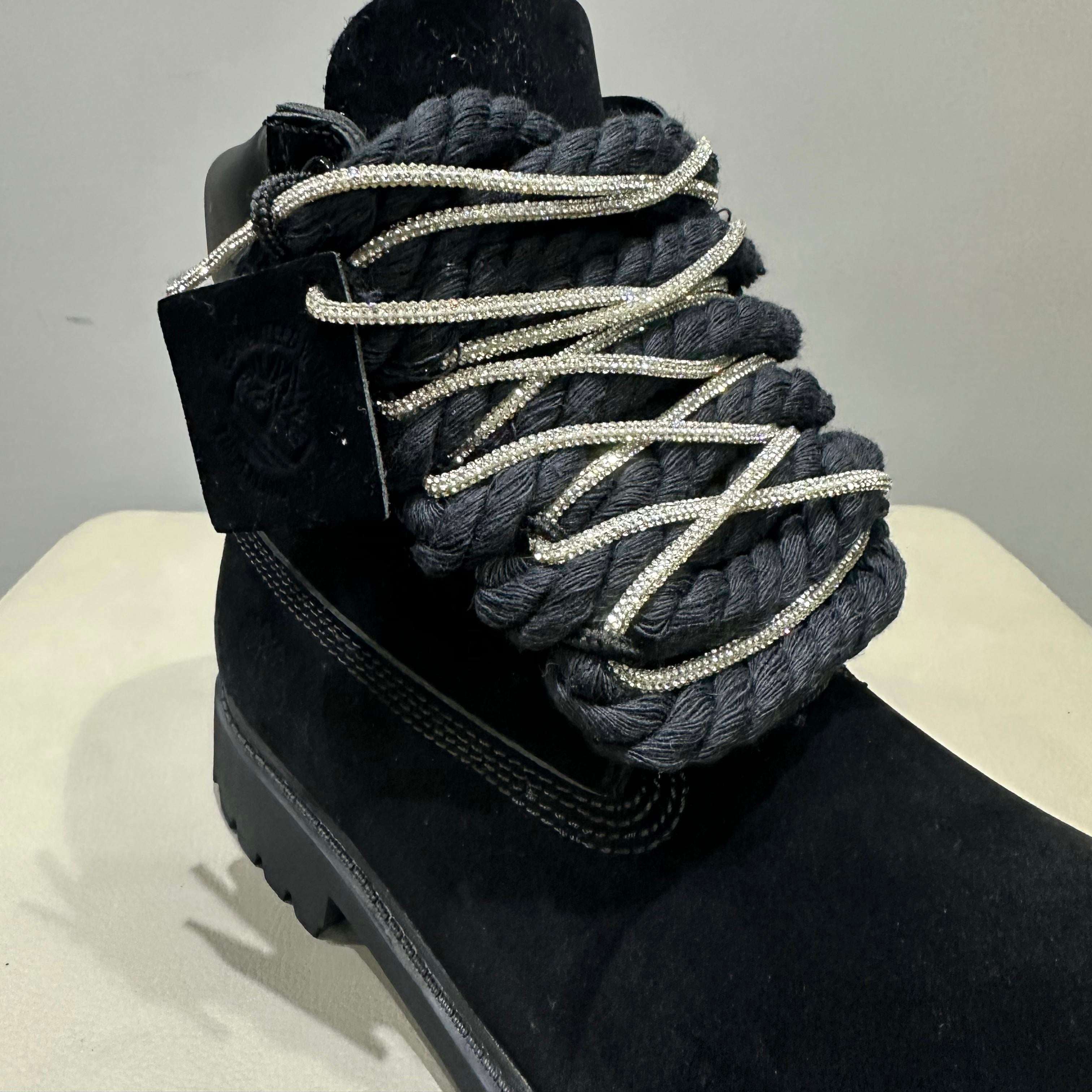 Timberland® Stivale Impermeabile Premium Black Custom Corda Black Nera Rope Laces Silver Swarovski
