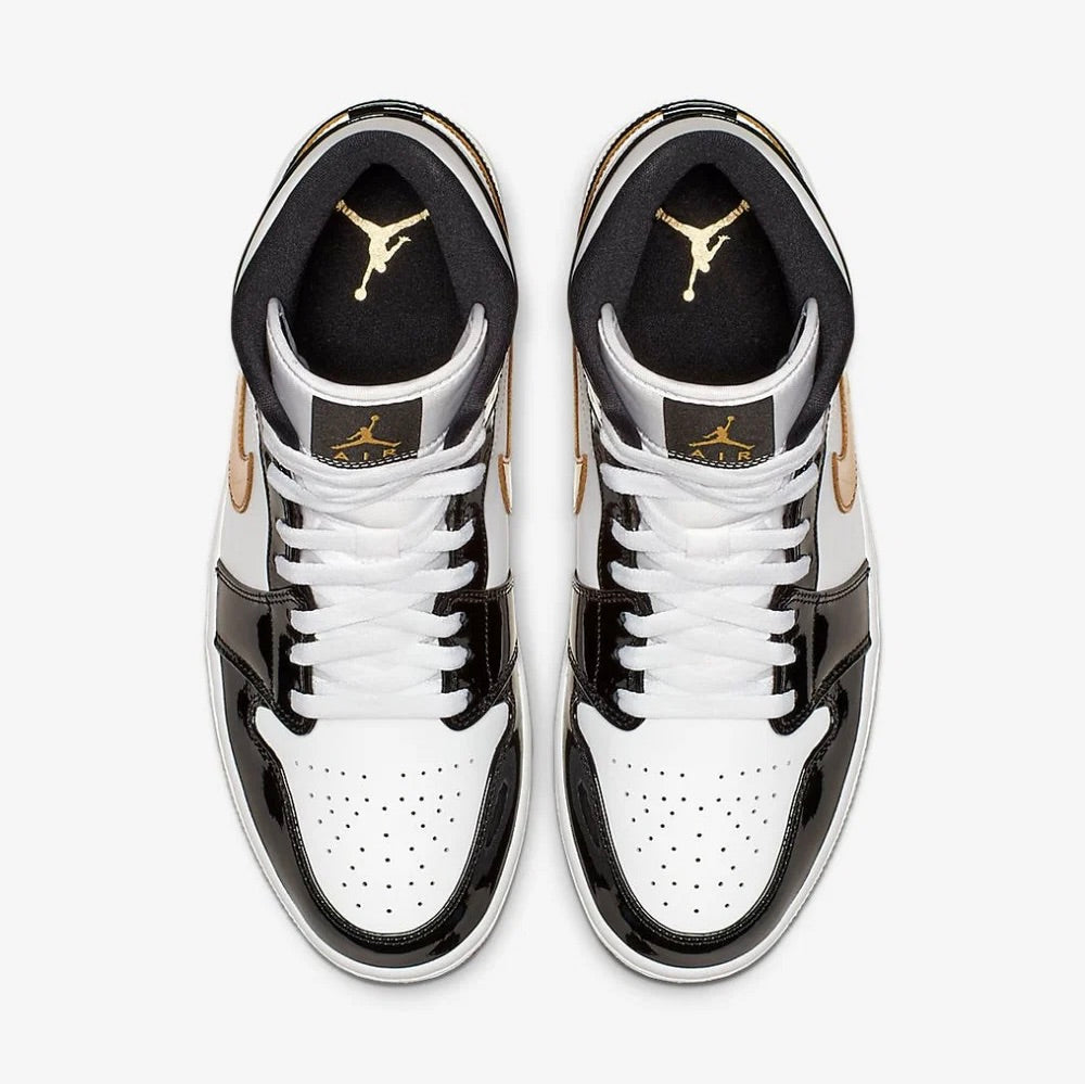 Jordan 1 Mid nero lucido bianco oro