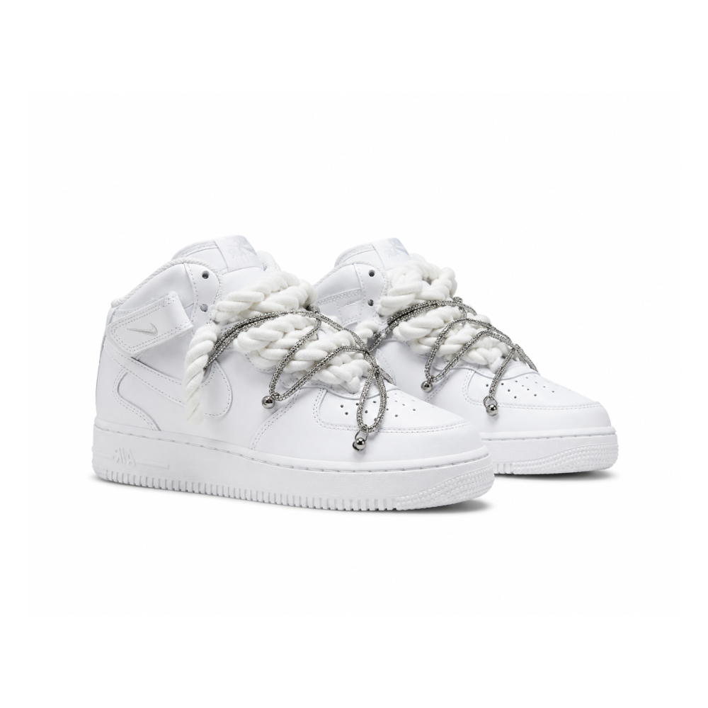 Nike Air Force 1 Mid Custom White Rope Laces Off Swarovski Glitter Strass Argento Silver Crystal