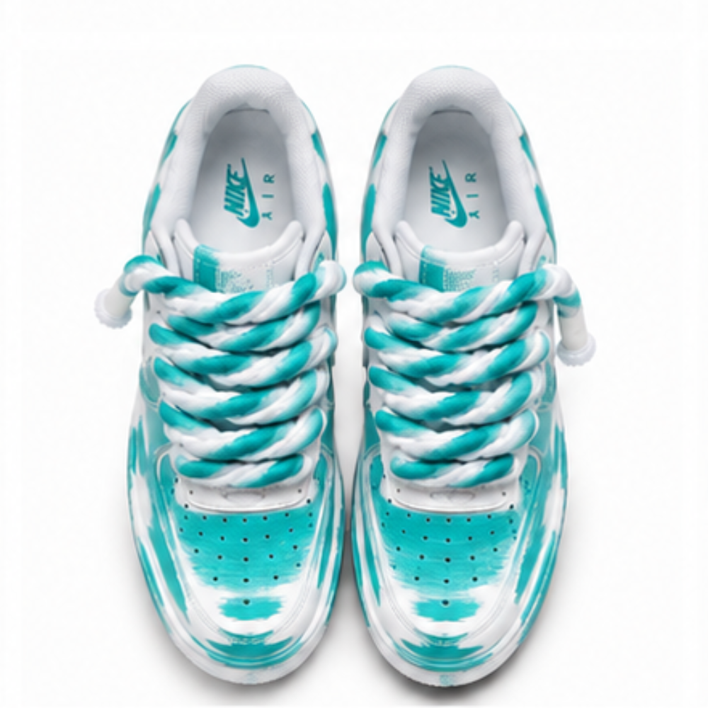 Nike Air Force 1 Custom White Rope Laces Effetto Sporco Spuorc Verde Acqua Teal Paint