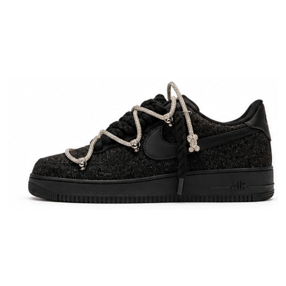 Nike Air Force 1 Custom Schwarz „Glitzer“ Schnürsenkel Off Swarovski Glitzer Strass Silber
