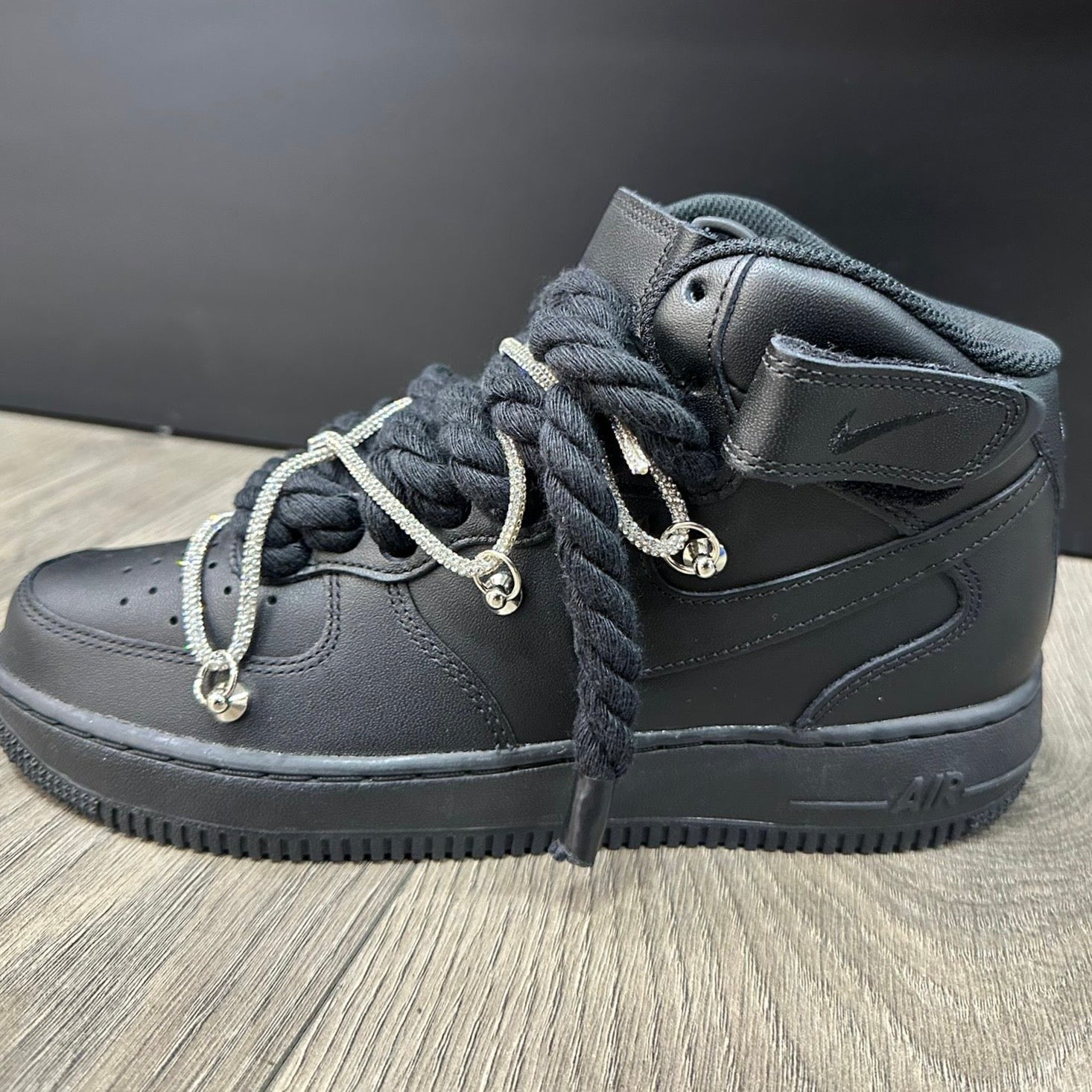 Nike Air Force 1 Mid Custom Black Rope Laces Off Glitter Swarovski Strass Argento Silver