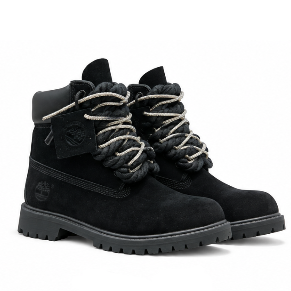 Timberland® Bota Impermeable Premium Negro Personalizado Cordón Cuerda Lazos Negro Plata Swarovski