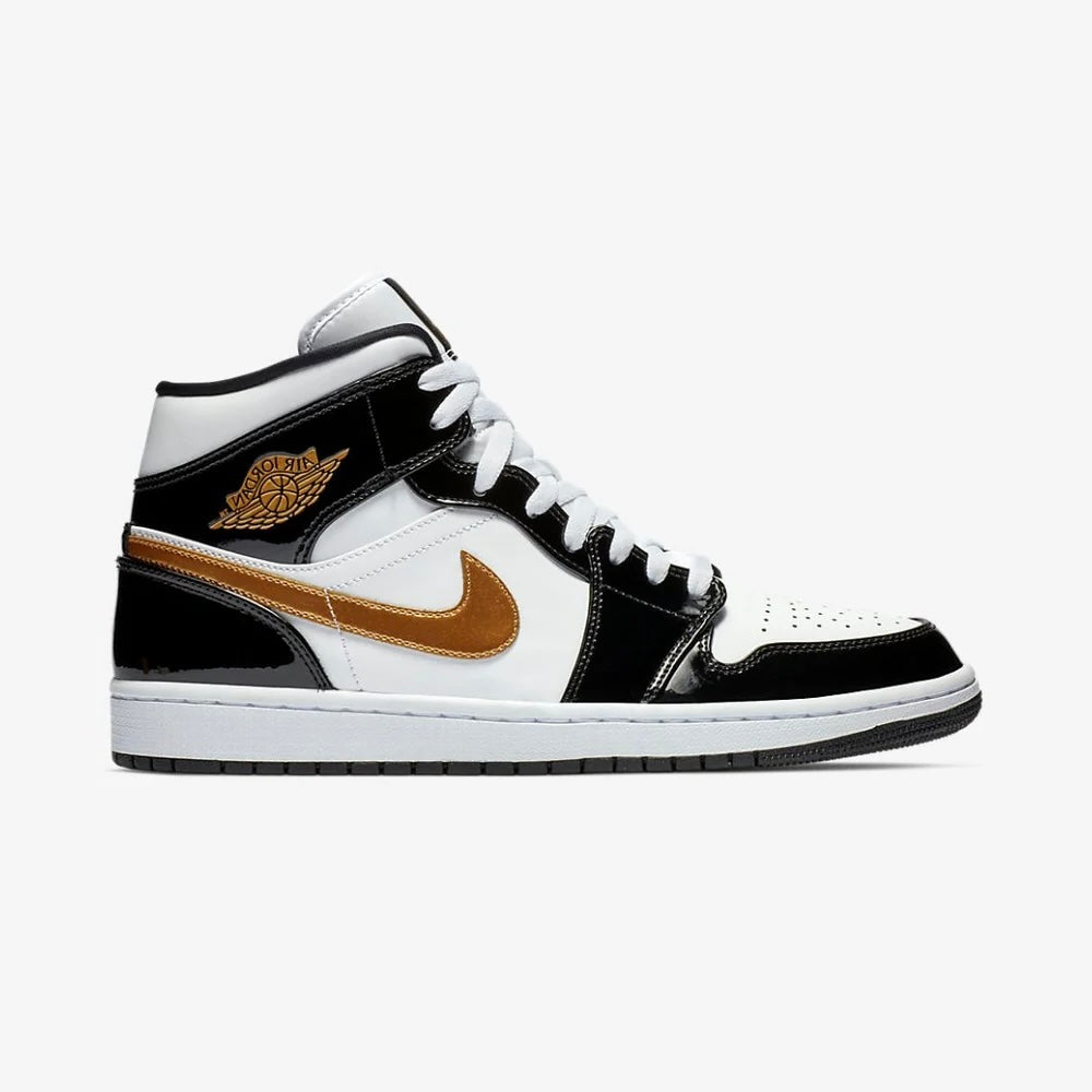 Jordan 1 Mid nero lucido bianco oro