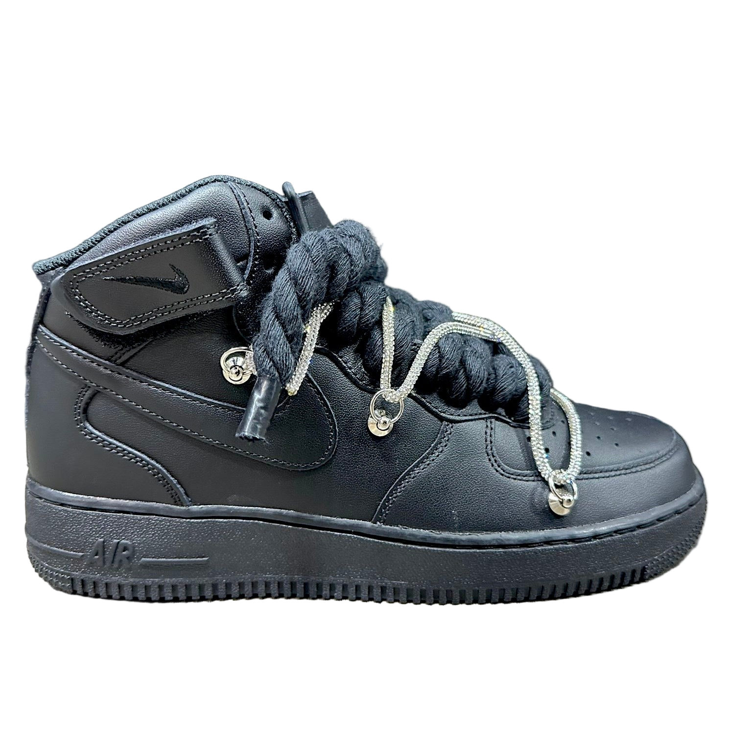 Nike Air Force 1 Mid Custom Black Rope Laces Off Glitter Swarovski Rhinestone Silver Silver