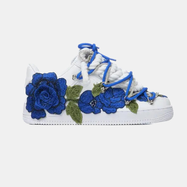 Nike Air Force 1 White Rope Laces Custom White Blue Roses Rose Blu