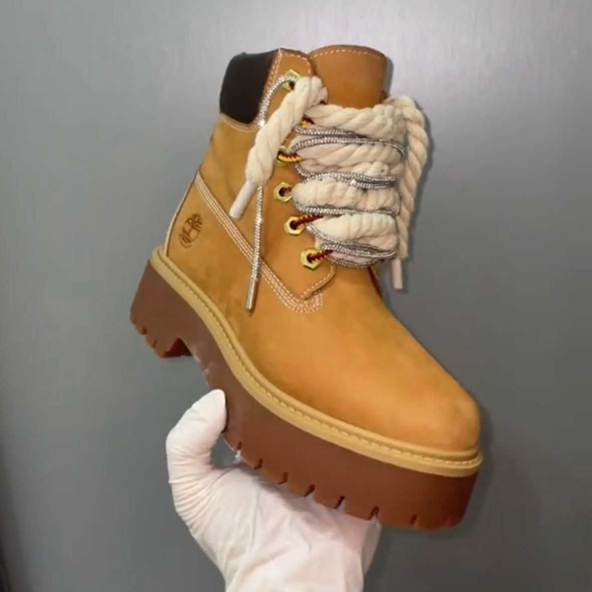 Timberland® Stivale Platform Premium Stone Street Giallo Custom Corda Rope Laces Off Swarovski Glitter Argento Silver